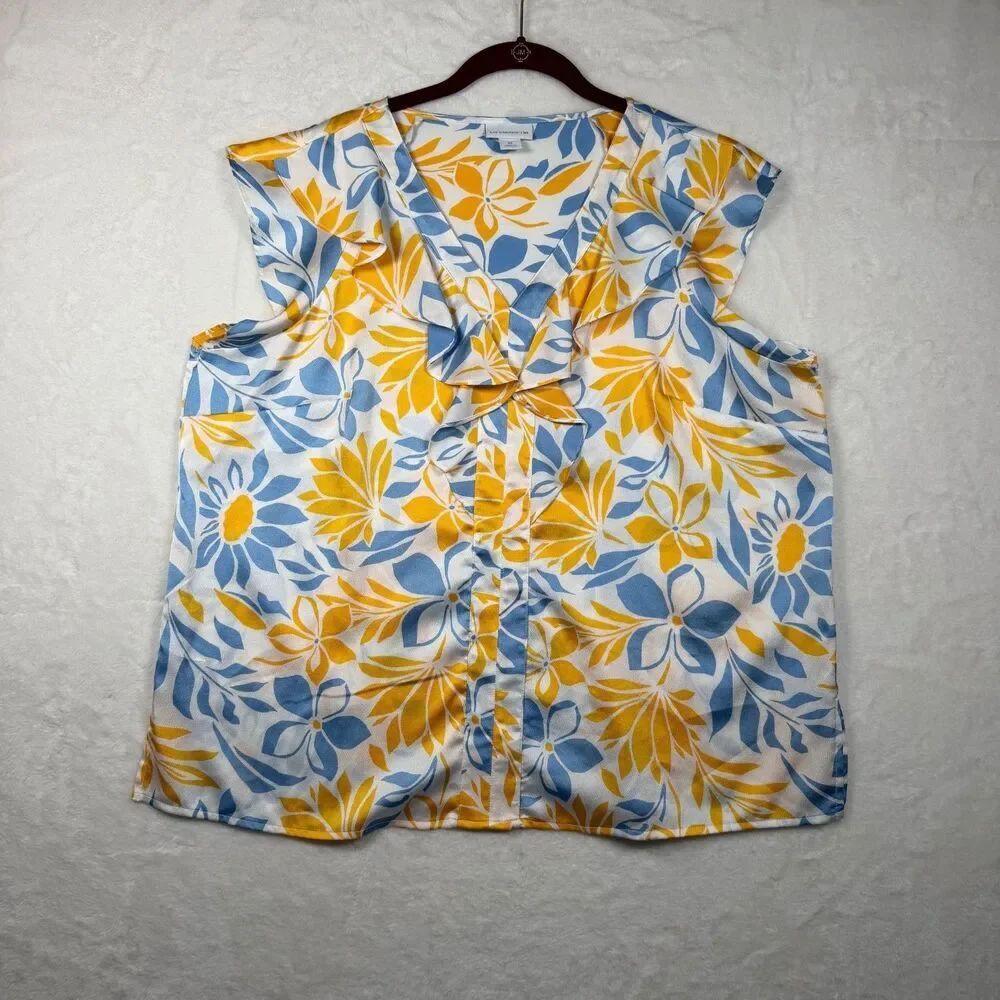 Liz Claiborne XL Floral Ruffle Front Cap Sleeve Blouse Blue Yellow White V Neck